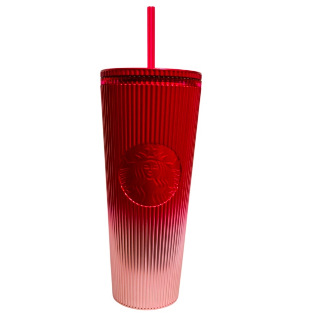 NWT STARBUCKS 24OZ IRIDESCENT MAGENTA PINK TUMBLER WITH STRAW TEXTURED OUTSIDE